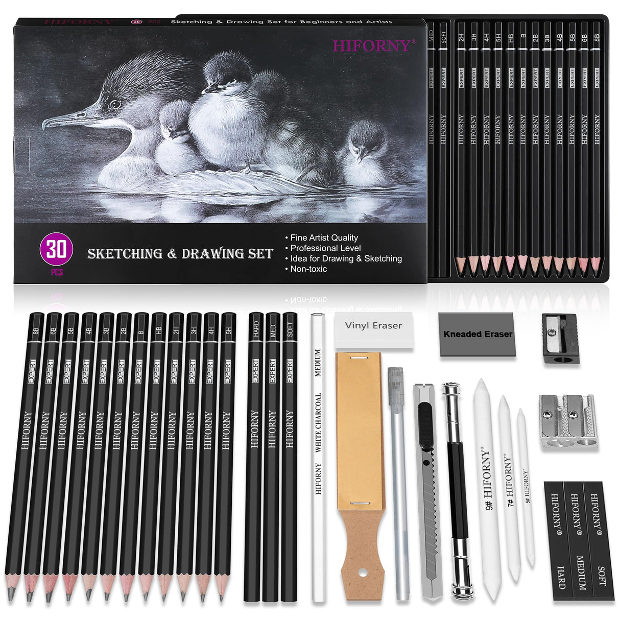 HIFORNY 30 PCS Sketching Drawing Pencil Set,Sketch Pencils Art Supplies with Graphite,Charcoal,Blending Tools,Accessories,Drawing Kit for Adults Artists HIFORNY