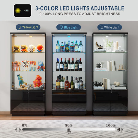 HNEBC 71'' Display Cabinet with Glass Doors&3 Color Lights&Lockable for Bedroom Black,High Gloss Curio Cabinet with Adjustable Glass Shelf 3-Tier Bookcase for Living Room HNEBC