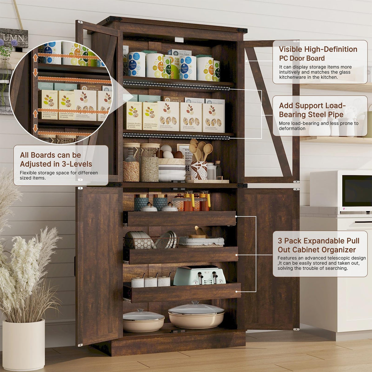 71" Tall Kitchen Pantry Cabinet with 3 Pack Pull Out Drawers for Cabinets,Farmhouse Storage Cabinet with Load-Bearing Steel Pipe,Pantry Organizers and Storage for Kitchen,Dining Room(Antique Brown) chartustriable