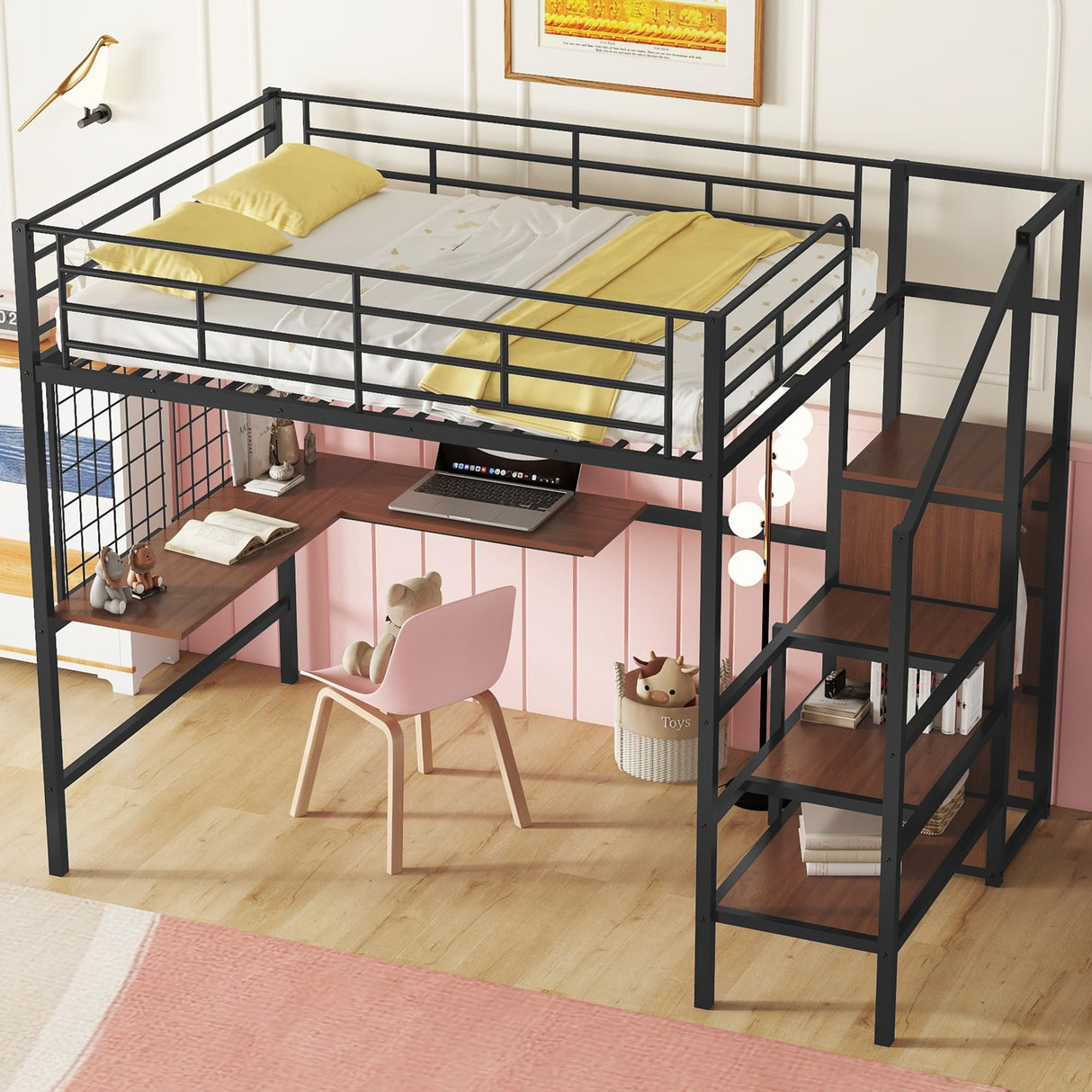 Full Size Loft Bed with Desk and Storage Wardrobe, Heavy Duty Loft Bed with Stairs and Metal Grid, Full Size Loft Bed for Kids, Girls, Boys, No Box Spring Needed (Black Wardrobe, Full) Bellemave
