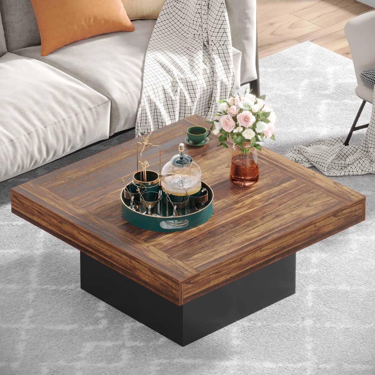 LITTLE TREE Square Coffee Table with LED Lights, Farmhouse Coffee Table Low Coffee Table Engineered Wood Coffee Table for Living Room, Black Rustic Brown - WoodArtSupply