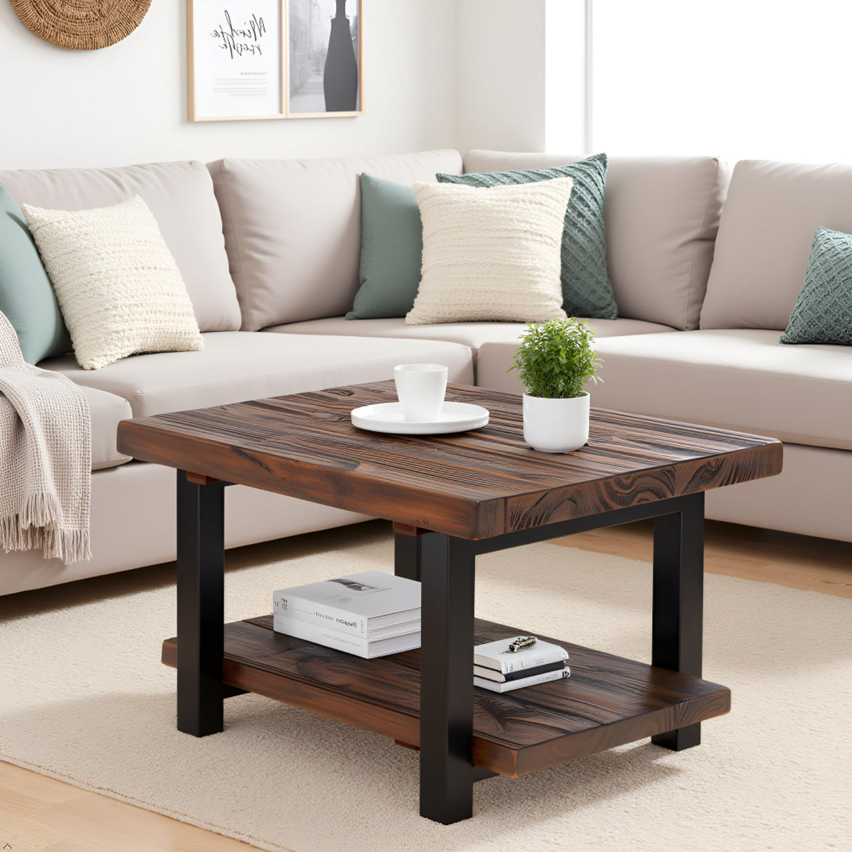 Pomona 27-Inch Rustic Square Coffee Table – Solid Pine Wood with Natural Weathered Finish and Industrial Metal Legs – Small Space Living Room Accent by Alaterre Furniture Alaterre Furniture