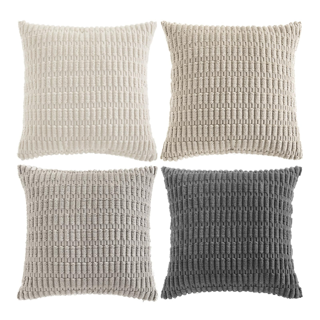 Fancy Homi Set of 4 Grey and White Decorative Throw Pillow Covers 18x18 Inch for Couch Bed Chair, Modern Farmhouse Boho Room Decor, Soft Fuzzy Double Sided Corduroy Textured Striped Cushion Case 45cm Fancy Homi