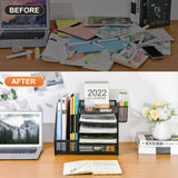 Marbrasse Desk Organizer with File Holder, 5-Tier Paper Letter Tray Organizer with Drawer and 2 Pen Holder, Mesh Desktop Organizer and Storage with Magazine Holder for Office Supplies(Black) Marbrasse