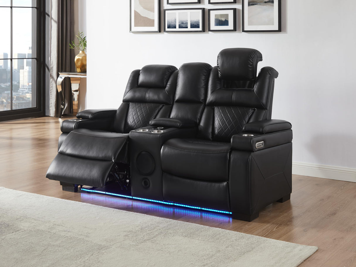 THSUPER Power Breathable Leather Reclining Sofa and Loveseat Set with LED Light, Home Theater Seating Recliner Couch with Adjustable Headrest/Reading Light/USB Port/Bluetooth Speaker, Black THSUPER