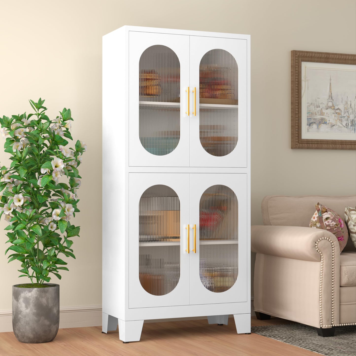 GAIOUS White Metal Storage Cabinet, Kitchen Pantry Cabinet with Acrylic Glass Doors and Adjustable Shelves, Pantry Storage Cabinet for Kitchen, Living Room, Office and Study - WoodArtSupply