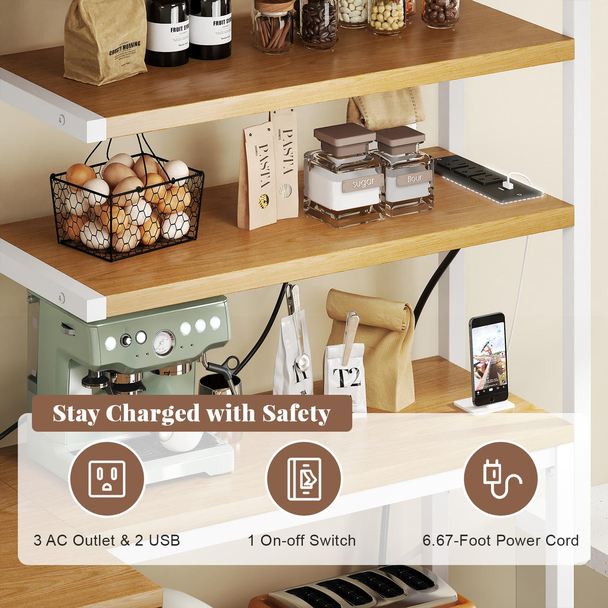 iabifo L-Shaped Bakers Rack with Power Outlet, 6-Tier Microwave Stand with Open Storage, Kitchen Shelf with Hooks, Coffee Bar with Wire Basket, White iabifo