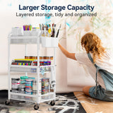 YASONIC 3 Tier Rolling Cart – Metal Utility Storage Cart with Wheels, Craft Carts Organizer with Hanging Cups, Hooks, Mesh Basket for Bedside Kitchen Office Art, White YASONIC