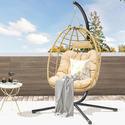 DWVO Egg Hanging Swing Chair with Stand Egg Chair Wicker Indoor Outdoor Hammock Egg Chair with Cushions 330lbs for Patio, Bedroom, Garden and Balcony, Beige