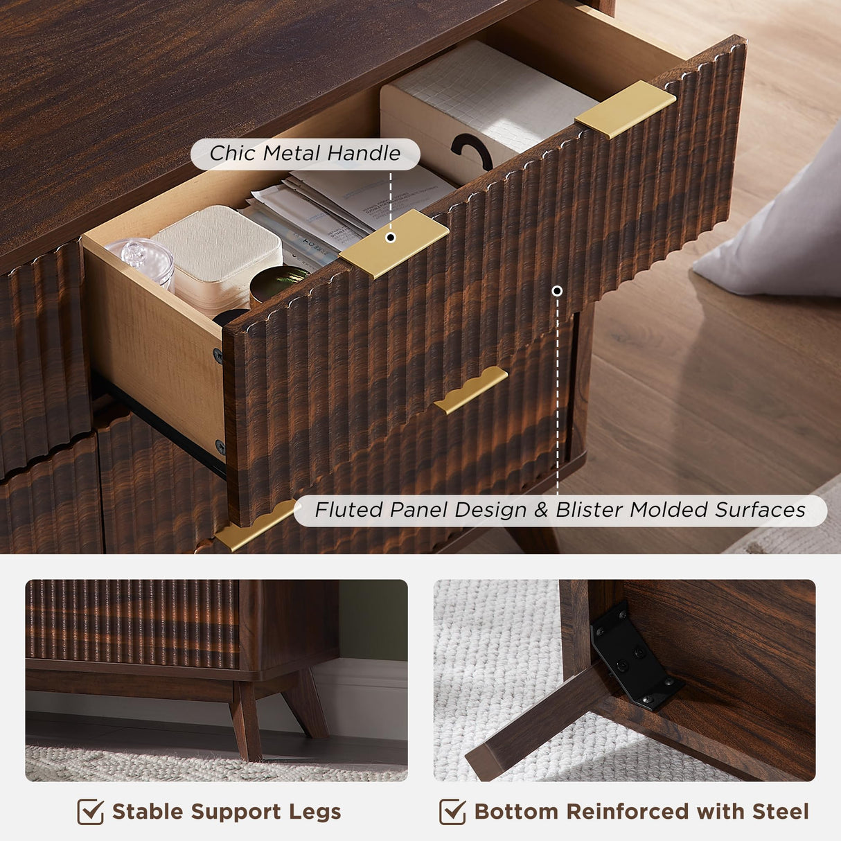 T4TREAM Fluted 6 Drawers Dresser, 54" Wide Modern Chest of Drawers, Curved Profile Design, Dresser TV Stand, Wood Drawer Organizer for Bedroom, Living Room, Hallway, Dark Walnut T4TREAM