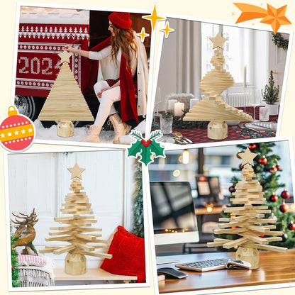 OurWarm 2 Foot Wooden Christmas Tree, DIY Wood Christmas Trees with 27 Pine Poles, Base, Christmas Tree Topper, Mini Small Tabletop Christmas Tree for Ornament Display Wooden Christmas Table Decor