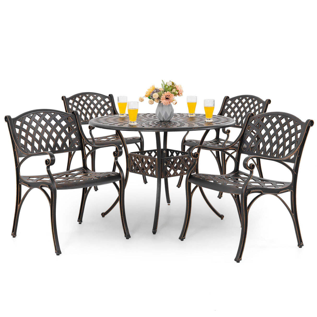 NUU GARDEN 5 Piece Outdoor Patio Dining Set, Cast Aluminum Round Dining Table with Umbrella Hole and Patio Dining Chairs for Patio, Garden, Backyard, Balcony, Black with Bronze Edge NUU GARDEN