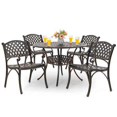 NUU GARDEN 5 Piece Outdoor Patio Dining Set, Cast Aluminum Round Dining Table with Umbrella Hole and Patio Dining Chairs for Patio, Garden, Backyard, Balcony, Black with Bronze Edge NUU GARDEN