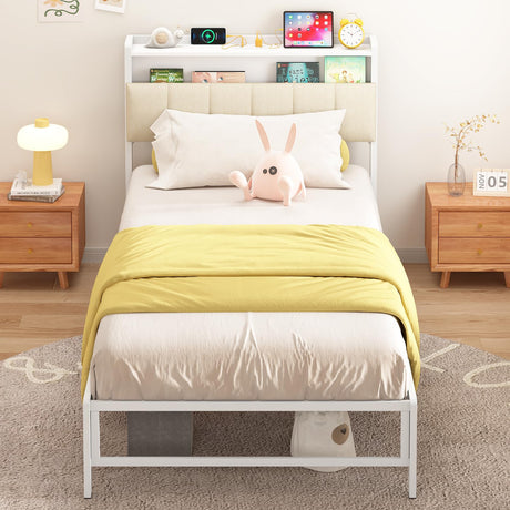 Weehom Twin Bed Frames with Wood Headboard Storage Shelf, Modern Upholstered Bed Frame with Charging Station - No Box Spring Needed Weehom