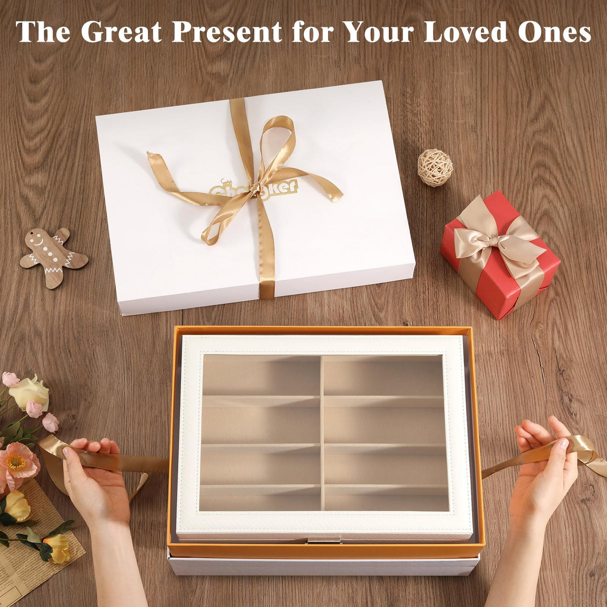 MoKo Sunglasses Organizer with 8 Slots, Leather Sunglass Display Collection Holder Case with Drawer Clear Glass Lid, Lockable Eyeglass Glass Jewelry Watch Storage Box for Women Men, White MoKo