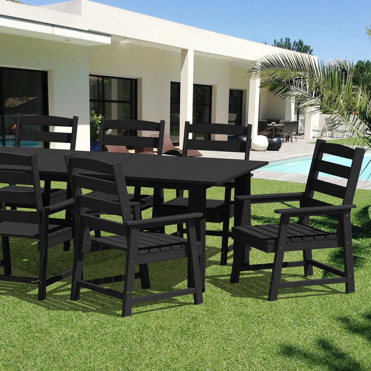 LOUNZY 9 Pieces Patio Dining Sets, Outdoor HDPE Furniture Set for 8 w/ 2" Hole Cut-Out Dining Table with 8 Patio Chairs(2 W/Armrest, 6 w/o Armrest), Black LOUNZY