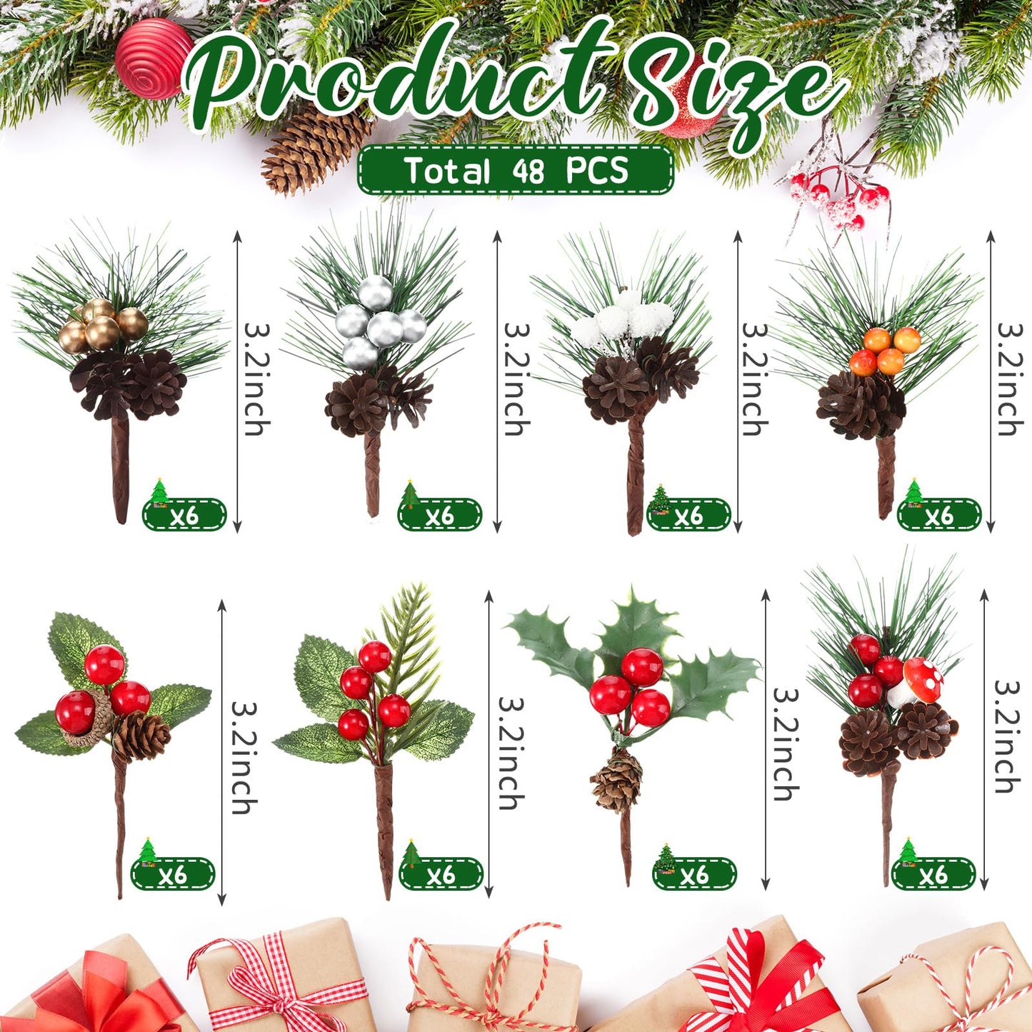 Panelee 48 Pcs Christmas Artificial Pine Picks Floral Pine Cones Sprays Wreath Christmas Decorations Berry Stem Branches with Holly Leaves for Xmas Tree Christmas Winter Holiday