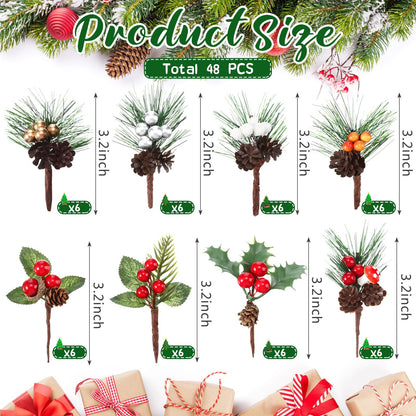 Panelee 48 Pcs Christmas Artificial Pine Picks Floral Pine Cones Sprays Wreath Christmas Decorations Berry Stem Branches with Holly Leaves for Xmas Tree Christmas Winter Holiday