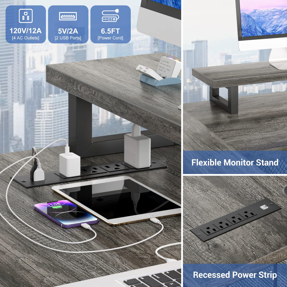 Unikito 130 Inch Versatile U Shaped Office Desk with Smart LED Lighting and Integrated Power Outlet, Stylish Black Oak Unikito