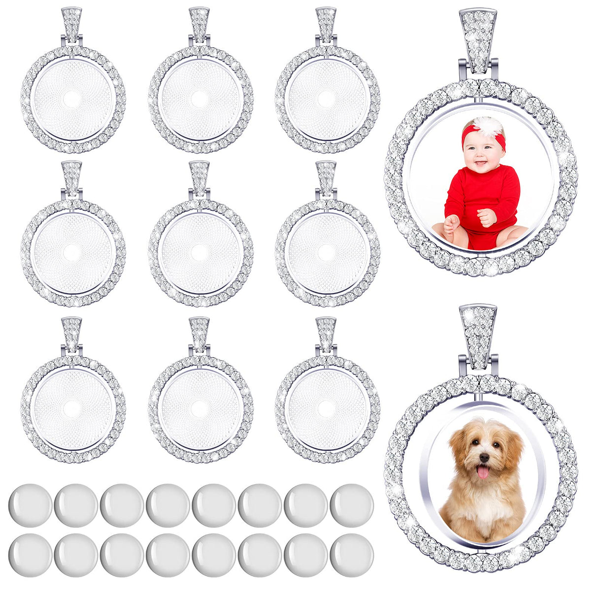 27 Pieces Rhinestone Bezel Pendant Trays Set Including 9 Pieces Double-Sided Sublimation Blank Pendant Trays 1 Inch Bezel Pendant Trays Round Pendant Charms with 18 Transparent Glass (Silver) Ferraycle