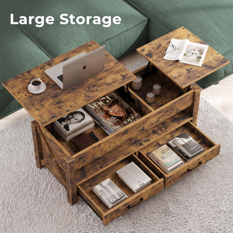 Seventable Coffee Table, 47.2" Lift Top Coffee Table with 2 Storage Drawers and Hidden Compartment, Farmhouse Center Table with Wooden Lift Tabletop, for Living Room,Rustic Brown Seventable