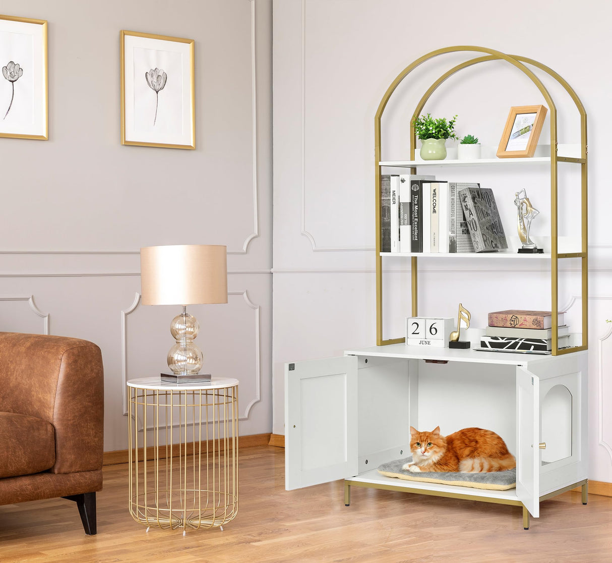 Homhedy Cat Litter Box Enclosure, Litter Box Furniture Hidden with 2-Tier Storage Shelves, Wooden Cat Washroom Furniture with Metal Frame, Modern Style, White and Gold Homhedy