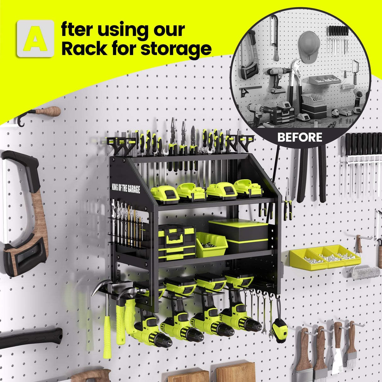 YFFSRJDJ Power Tool Organizer Wall Mount with Charging Station – King of the Garage, 4 Drill Holders, Heavy Duty Cordless Tool Rack with 4-Outlet Power Strip, Gifts for Him, Birthday Gifts for Men YFFSRJDJ