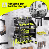 YFFSRJDJ Power Tool Organizer Wall Mount with Charging Station – King of the Garage, 4 Drill Holders, Heavy Duty Cordless Tool Rack with 4-Outlet Power Strip, Gifts for Him, Birthday Gifts for Men YFFSRJDJ