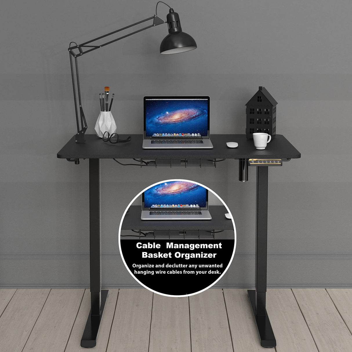 SHW Small Electric Height Adjustable Sit Stand Desk with Hanging Hooks and Cable Management, 40 x 22 Inches, BlackFrame and Black Top SHW