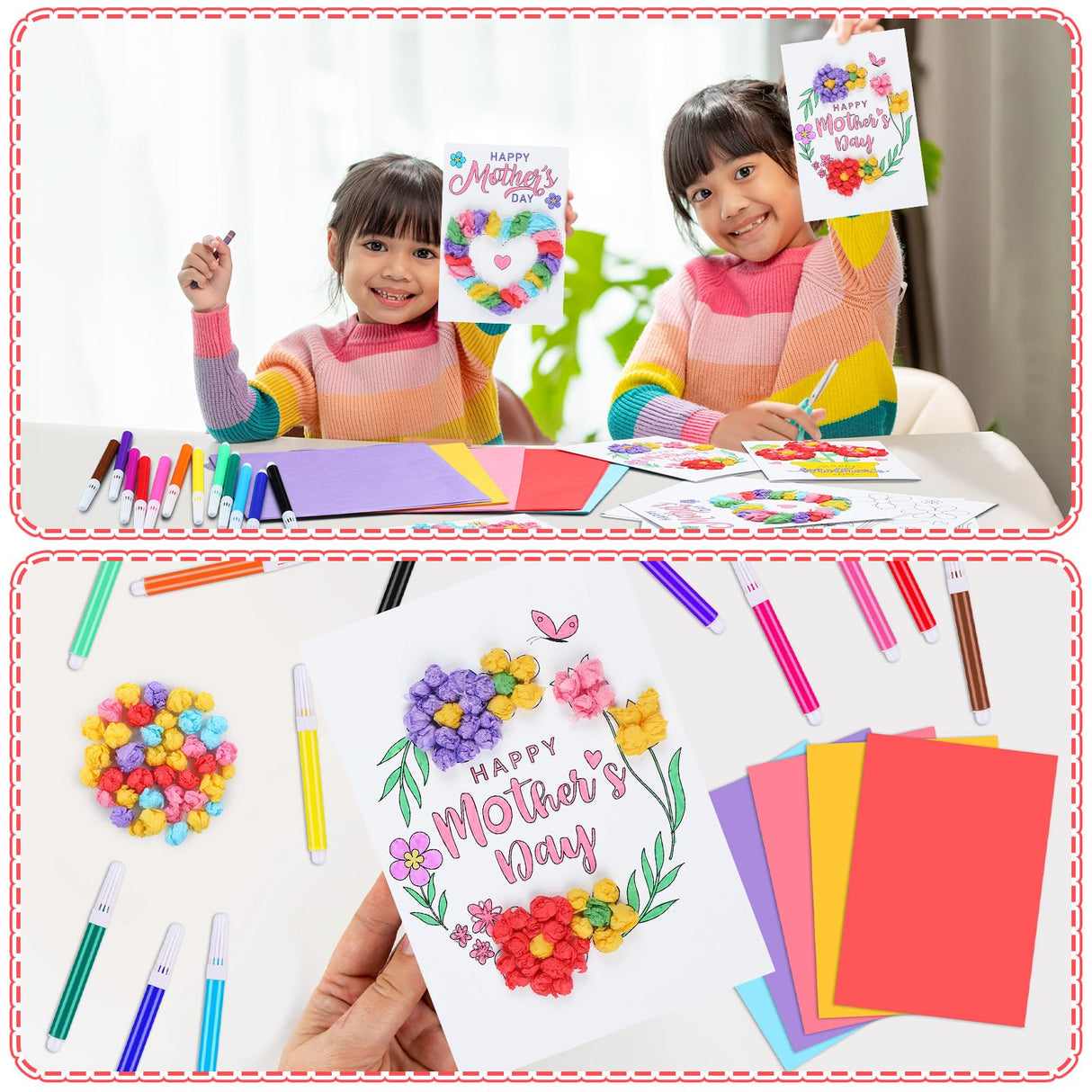 Motipuns 24 Sets Mother's Day Card Making Kits DIY Mothers Tissue Flower Paper Craft Make Your Own Mom Greeting Card Making Kit for Mother's Day Gift Party Decor Fun Home Activities Motipuns