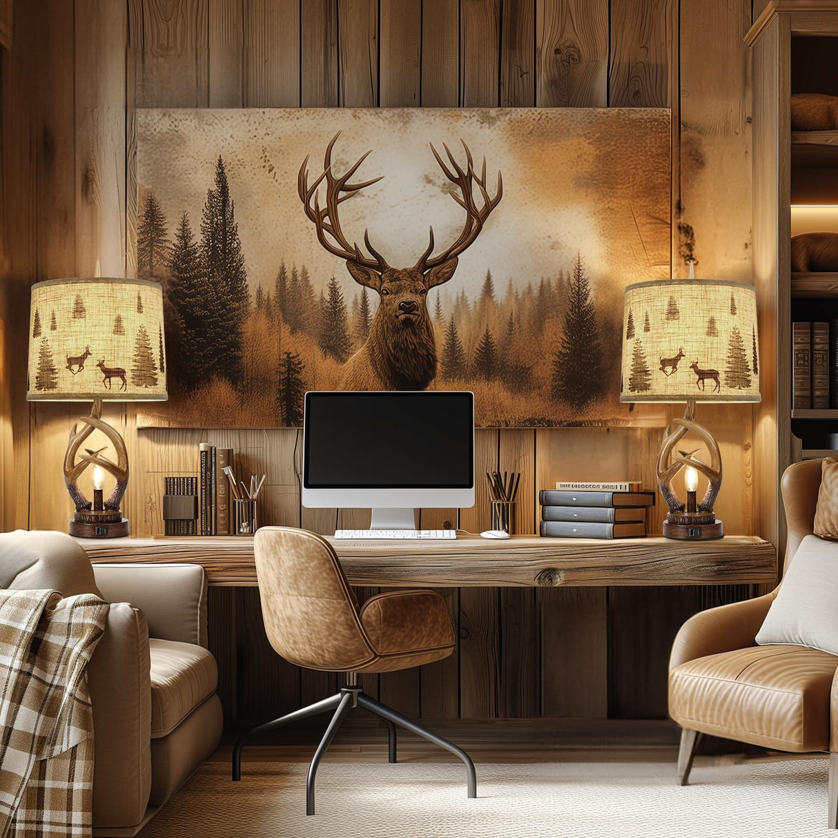 Scenekoy Rustic Farmhouse Antlers Table Lamp Set of 2 with Nightlight Dual USB Ports Linen Fabric Round Shade Bedside Lamp Decor for Living Room Bedroom Office House Scenekoy