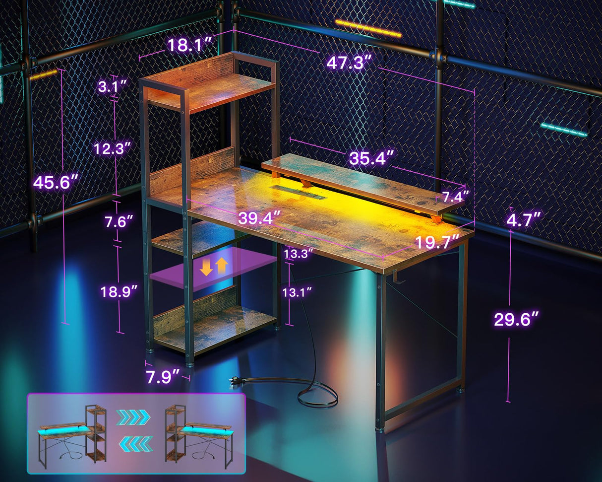 ODK Reversible Gaming Desk with Power Outlets and LED Lights, 48 Inch Computer Desk with Storage Shelves and Monitor Stand, Modern Writing Study Desk for Home Office, Rustic Brown ODK