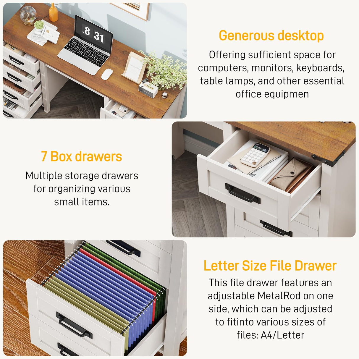 Vabches Farmhouse 60.6” Executive Desk with 7 Drawers, Computer Desk with File Drawer for Hanging Files A4, Workstation for Home Office, Study. Vabches