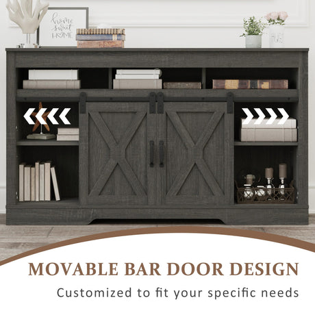 FansaFurn Farmhouse TV Stand for 65+ Inch TV, 34'' Tall Entertainment Center with Sliding Barn Doors, Rustic Wood Media Console Storage Cabinet Television Stand for Living Room, Bedroom (Dark Grey) FansaFurn