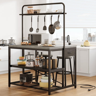 Jocoevol 46" Large Kitchen Island Table Baker Rack with Power Outlet and 3-Tier Storage-Microwave Stand Oven Shelf, Metal Coffee Bar Table,Kitchen Storage Shelf for Dining Living Room, 5 Hooks,Grey
