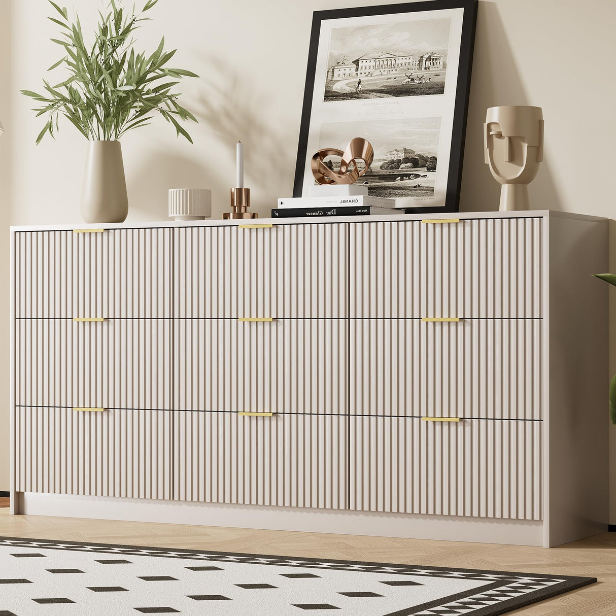 Furniway Beige Dresser for Bedroom, Modern Dresser with 9 Drawers and Smooth Slides, Wide Chest of Drawers with Golden Handles for Bedroom, Living Room, Closet, 15.7" D x 63" W x 31.5" H Furniway