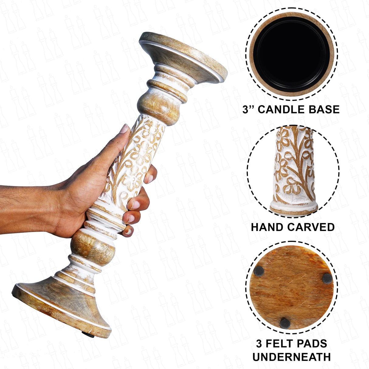 Pillar Candle Holders- Rustic White Hand Carved Mango Wood Candle Holders for Pillar Candles in Home, Living Room, Kitchen or Table Centerpiece Set of 3 Candlestick Holders- 6", 9", 12" for Home Decor Luxe Designs