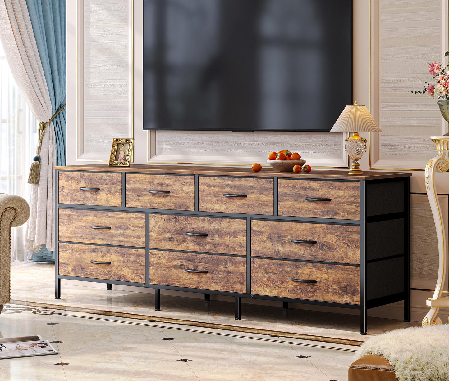 Huuger 63 Inch TV Stand Dresser for Bedroom, Long Dresser with 10 Fabric Drawers, TV Stand for 55, 65, 70 Inch TV, Entertainment Center, Wide Chest of Drawer, Rustic Brown