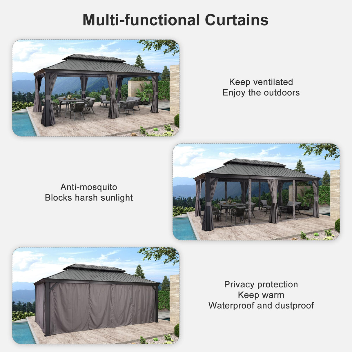 PURPLE LEAF 12' X 24' Large Gazebo with Galvanized Steel Double Roof Outdoor Patio Gazebo with Light for Lawn and Garden Permanent Hardtop Gazebo Grey PURPLE LEAF