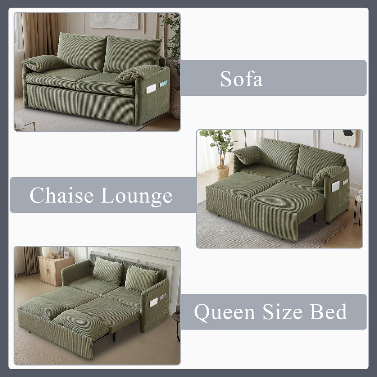 CAPCAEK Queen Size Pull Out Couch Sleeper Sofa Bed, 3-in-1 Convertible Futon Couch for Living Room with Storage Pockets & Arm Pillows, Modern Corduroy Sofa Bed(Green) CAPCAEK