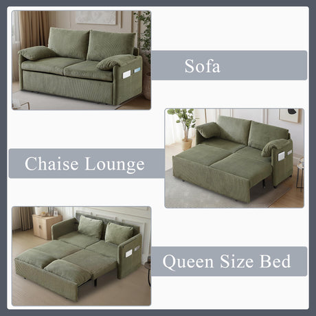 CAPCAEK Queen Size Pull Out Couch Sleeper Sofa Bed, 3-in-1 Convertible Futon Couch for Living Room with Storage Pockets & Arm Pillows, Modern Corduroy Sofa Bed(Green) CAPCAEK