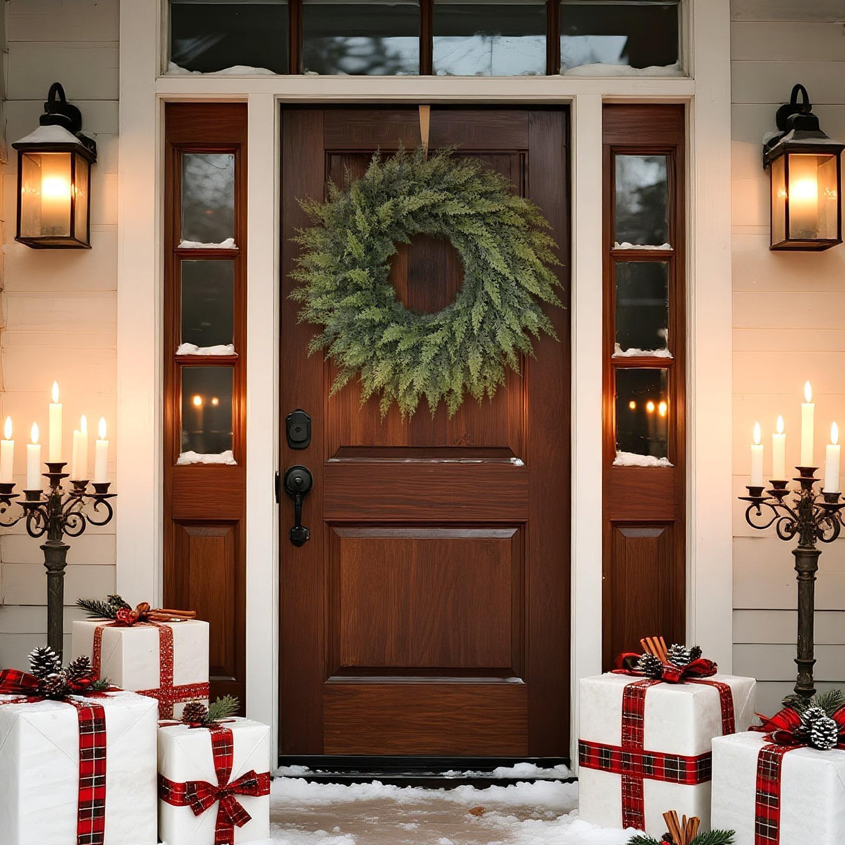 24" Real Touch Artificial Cedar Wreath - Faux Christmas Wreaths for Front Door,Faux Pine Green Wreath for Home, Holiday, Fireplace, Mantle,Wall, Windows, Xmas, Outdoor Decoration FOTEEWL