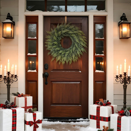 24" Real Touch Artificial Cedar Wreath - Faux Christmas Wreaths for Front Door,Faux Pine Green Wreath for Home, Holiday, Fireplace, Mantle,Wall, Windows, Xmas, Outdoor Decoration FOTEEWL