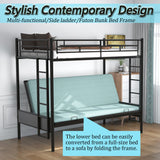 Twin-Over-Futon Convertible Couch and Bed, Metal Futon Bunk Bed with Guardrails and Ladder, Sturdy Steel Foldable Sofa-Bed for Kids Adults Teens (Twin Over Full Metal Bunk Bed, Twin) Anwick