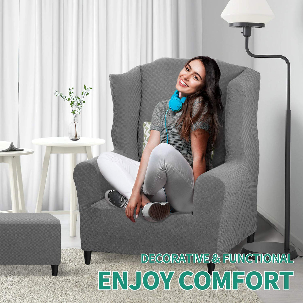 YEMYHOM 1 Piece Stretch Wingback Chair Slipcover Latest Jacquard Design Wing Chair Cover Non Slip Furniture Protector with Foam Rods for Living Room (Wing Chair, Light Gray) YEMYHOM
