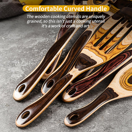 Gudamaye 7-Piece Brown Pakkawood Utensils Set – Sturdy, Eco-Friendly, Wooden Spoons for cooking, Wooden Utensil for cooking, Wooden Kitchen Tool, Home & Kitchen Gifts for Men and Women Gudamaye