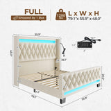 Rolanstar Full Bed Frame with LED Light and Charging Station, Upholstered High Headboard and Footboard, Wood Slats, Noise Free, Easy Assembly, Beige Rolanstar