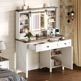 Albott Farmhouse Makeup Vanity Desk with Sliding Mirror and Lights, Makeup Vanity Table with 4 Storage Drawers and Adjustable Shelves, Dressing Table with Glass Top, Big Vanity Set for Bedroom, White Albott