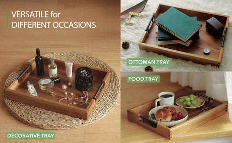 Joy&Grace Acacia Wooden Serving Tray with Metal Handles 16.7 x 12.8 inch Decorative Ottoman Tray for Living Room Coffee Table (Color Natural) Joy&Grace