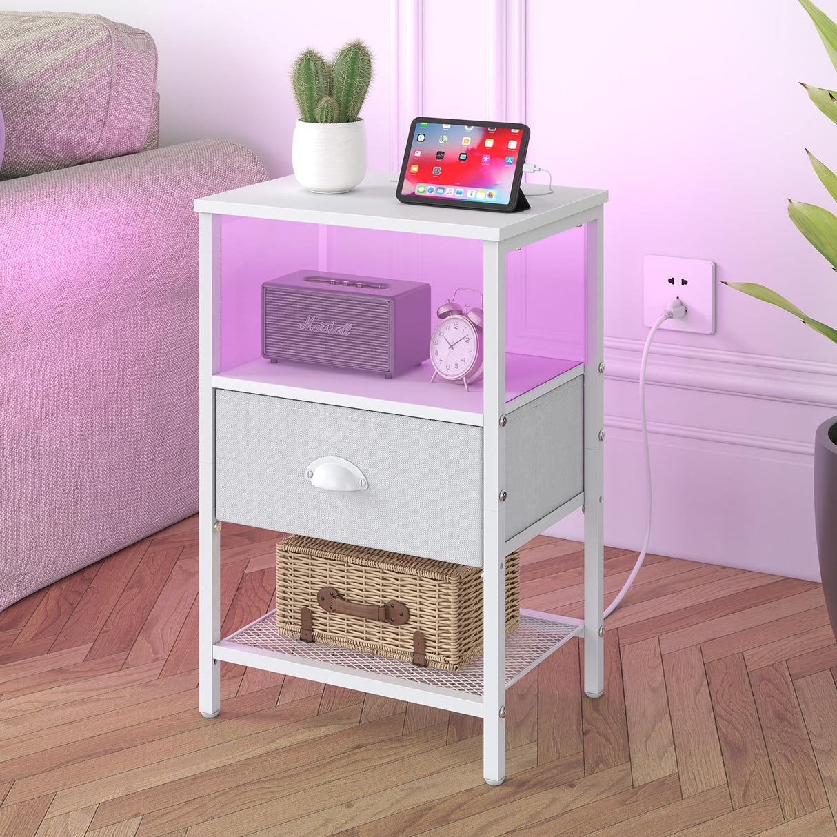 Sthmec Nightstands Set of 2, LED Bedside Tables with Charging Station and Fabric Drawer, Night Stand with Storage, 3 Tier Side Table with Open Shelf, LED Nightstand with Charging Station, White WoodArtSupply